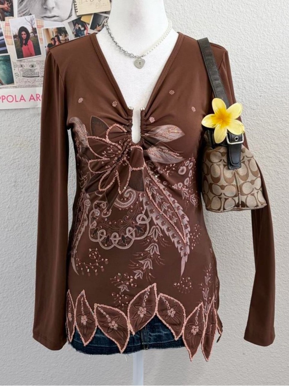 Vintage Y2K Deadstock Beaded Boho Asymmetrical Long Sleeve Top